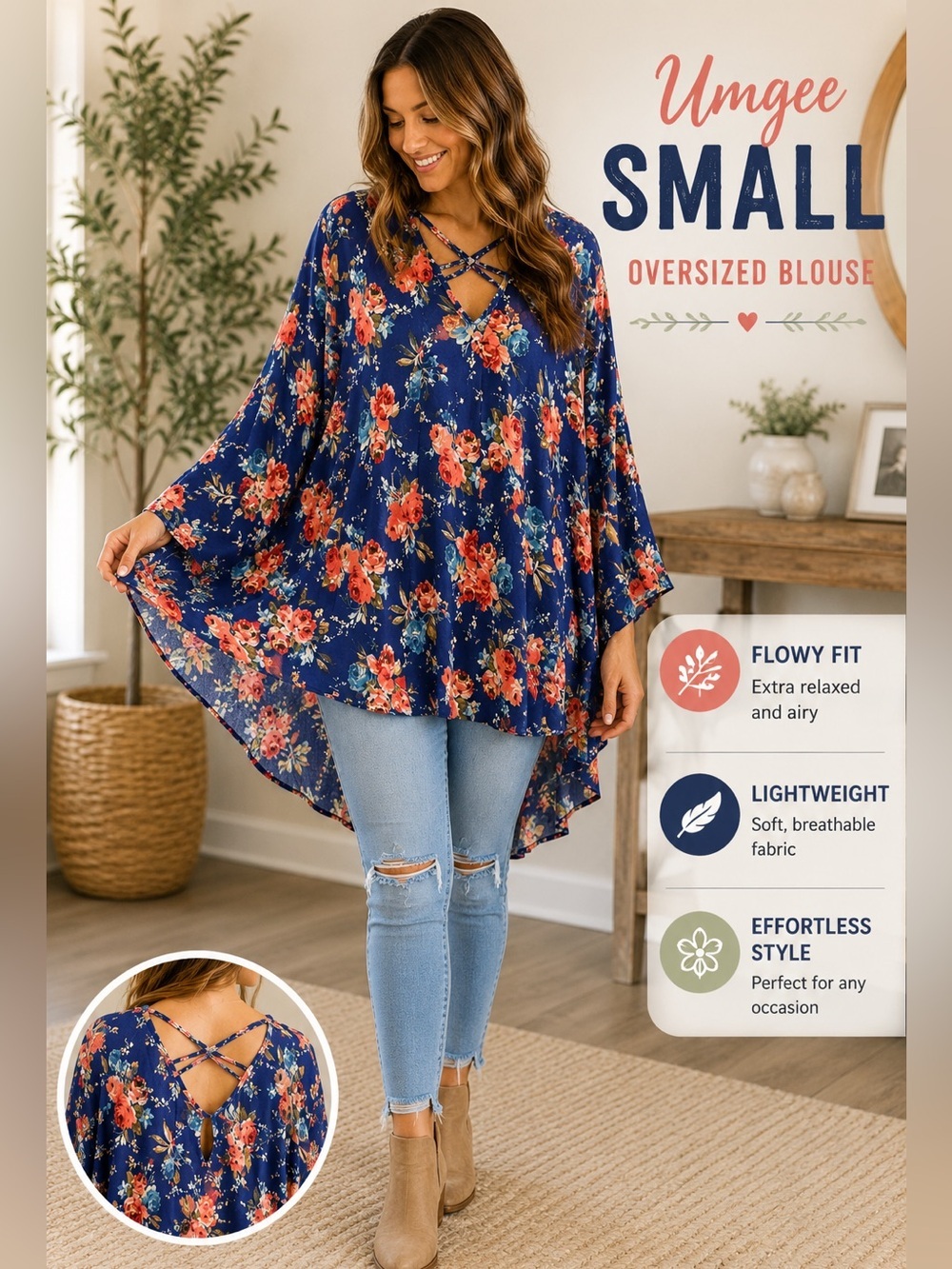 UMGEE Floral Crisscross V-Neck Women's Top - Blue with Roses OVERSIZED SMALL